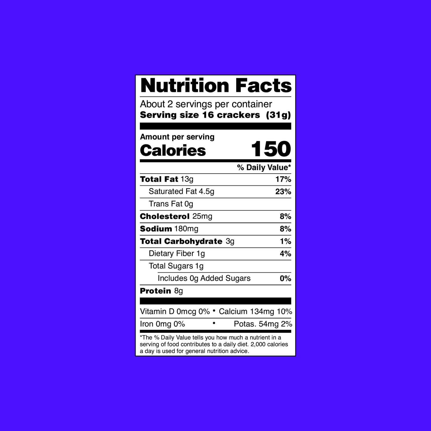 Nutrition facts. About 2 servings per container. Serving size 16 crackers (31g). Amount per serving. 150 Calories. Total fat 13g, 17% daily value. Saturate fat 4.5g, 23% daily value. Trans far 0g. Cholesterol 25mg, 8% daily value. Sodium 180mg, 8% daily value. Total carbohydrate 3g, 1% daily value. Dietary fiber 1g, 4% daily value. Total sugars 1g includes 0g added sugars, 0% daily value. Protein 8g. Vitamin D 0mcg 0%, Calcium 134mg 10%, iron 0mg 0%, Potas. 54mg 2%.